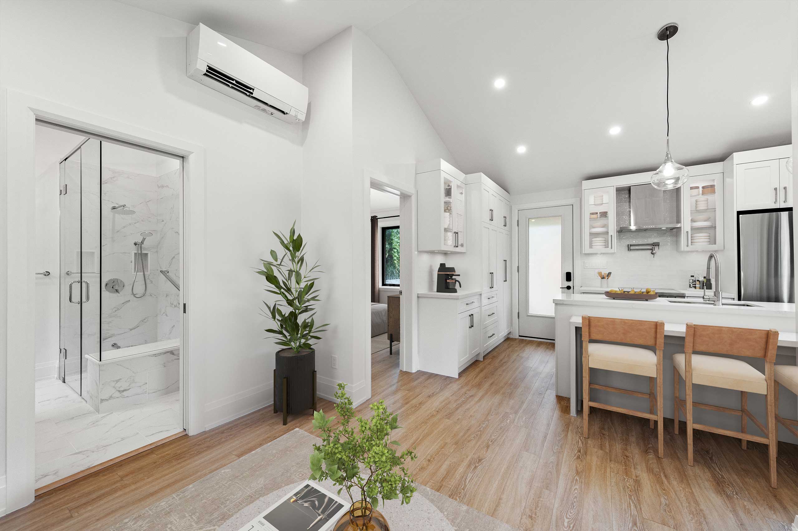 Interior view highlighting kitchen, bathroom entrance, and plant decor, Weston Garden Suite