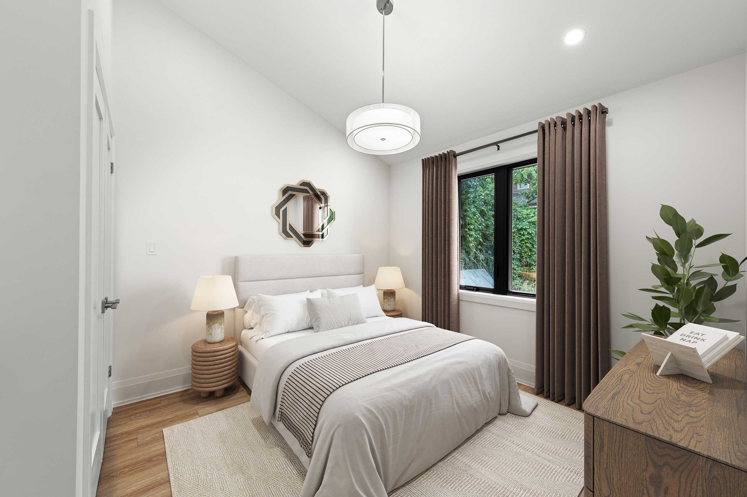 Bright and airy bedroom interior with large window, Weston Garden Suite